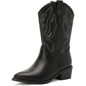 Women Black Western Boots Mid Calf Embroidery Stitched Pointed Toe Boots
